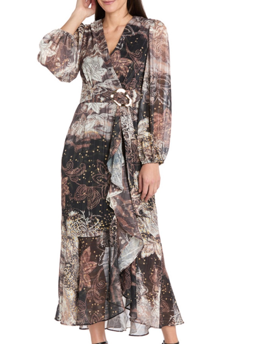 R&M Brown Paisley BOHO Wrap Maxi Dress with Belt size 10